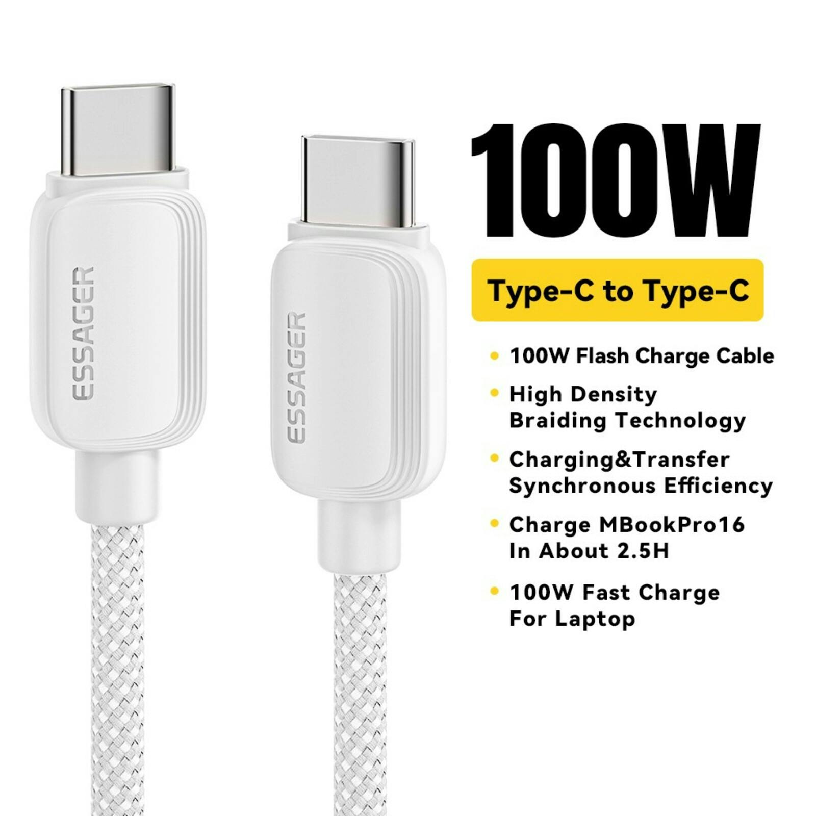 Essager 100W(!) Smartphone en Laptop Data+Oplaadkabel USB-C naar USB-C Wit 1m
