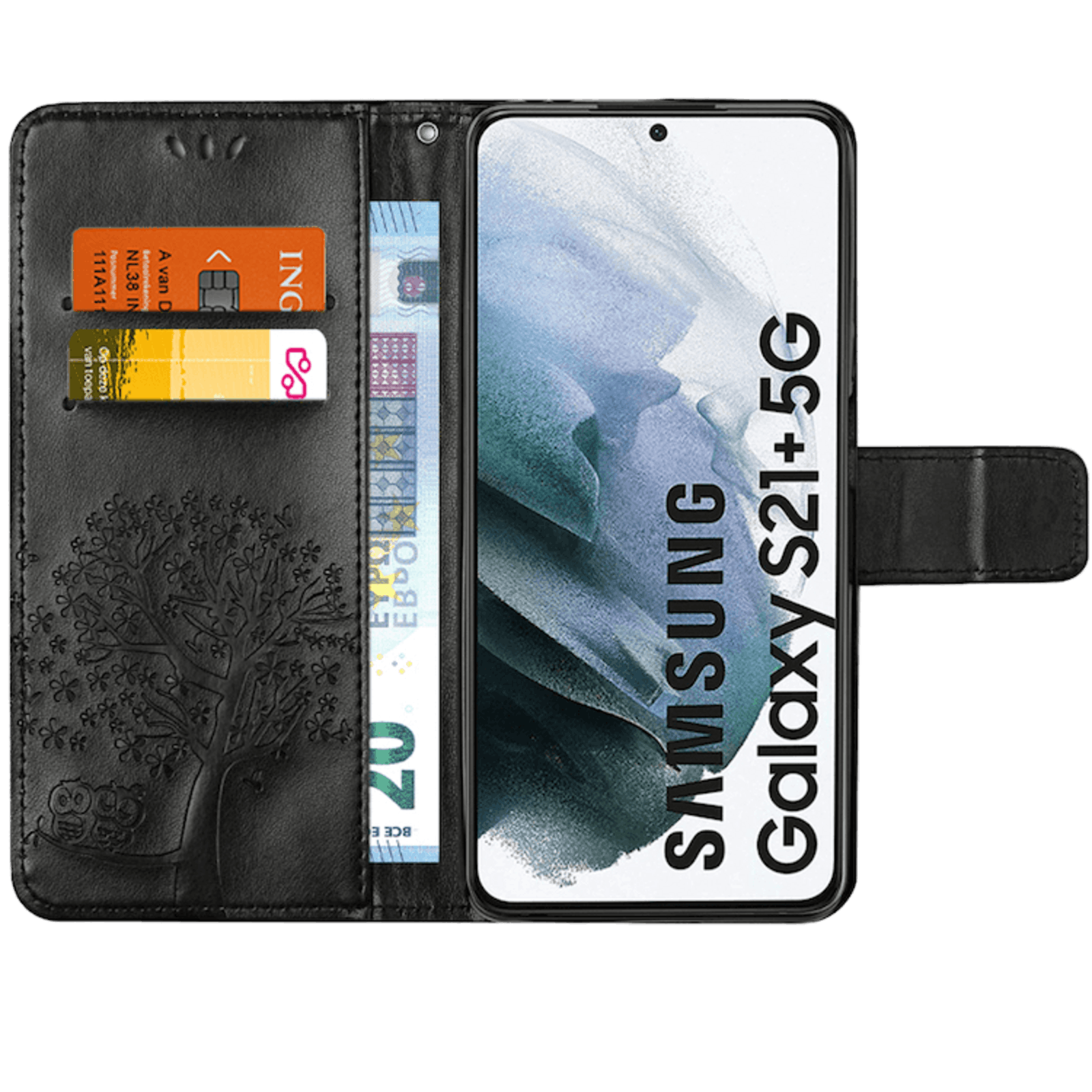 Comfycase Samsung Galaxy S21 Plus Bookcase Hoesje Uiltjes Zwart