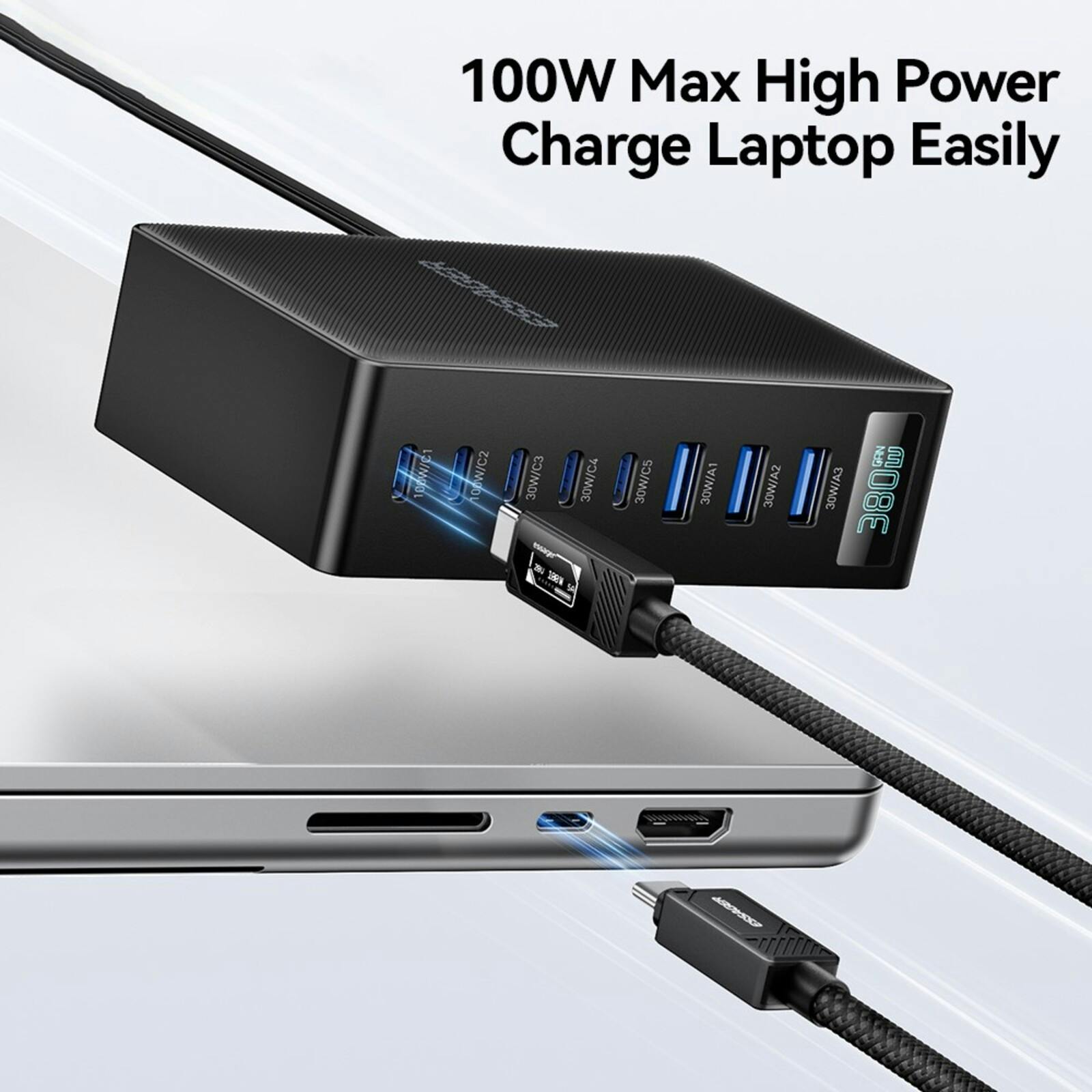 Essager 100W 5 USB-C + 3 USB-A Fast Charger Zwart