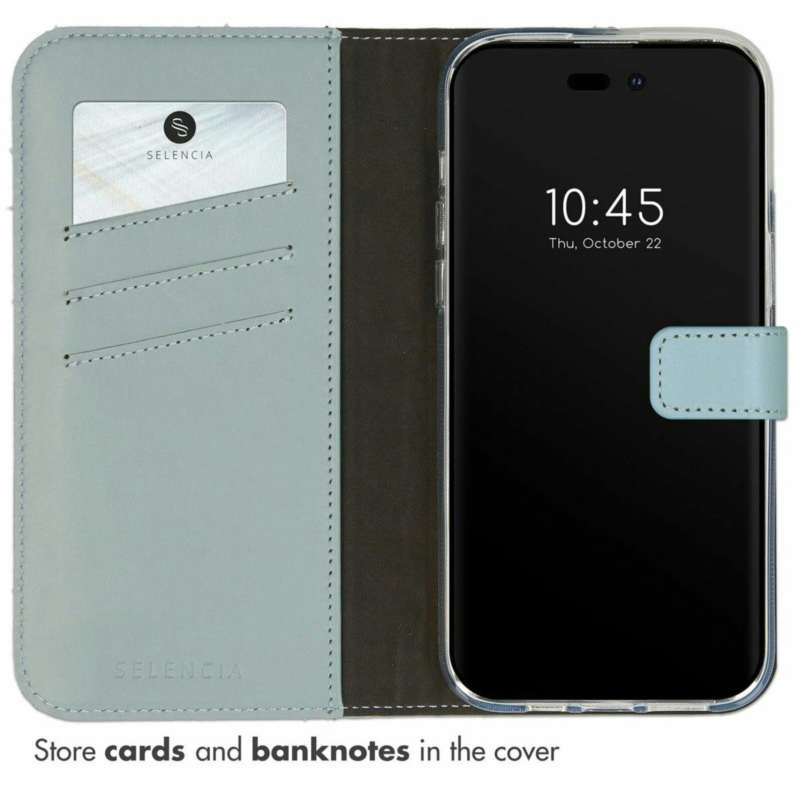 Selencia iPhone 14 Pro Max Leren Portemonnee Hoesje Lichtblauw