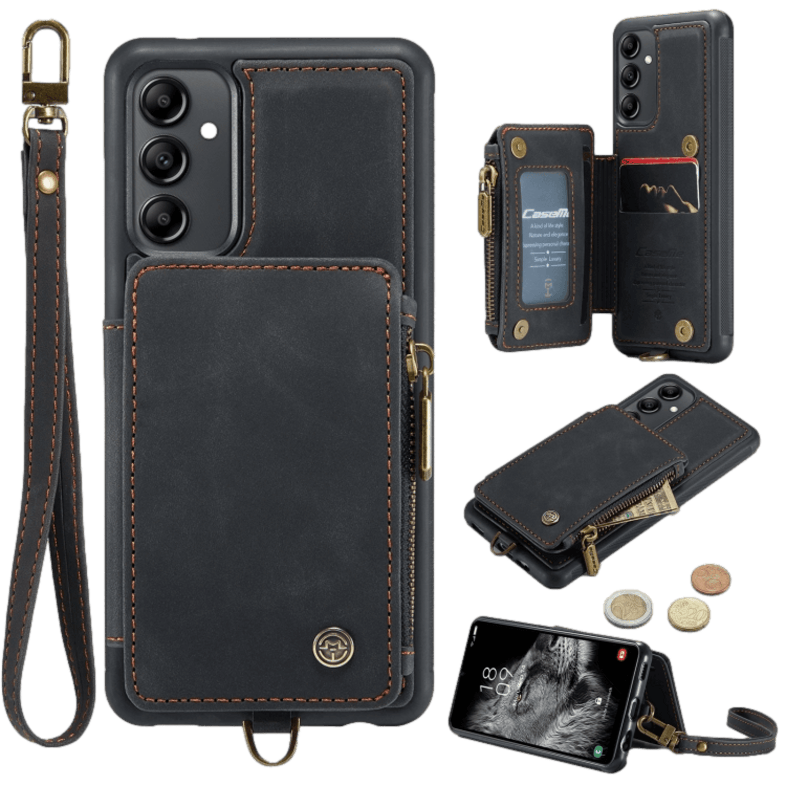 Caseme Samsung A14 Zipper Pocket Wallet Hoesje Zwart