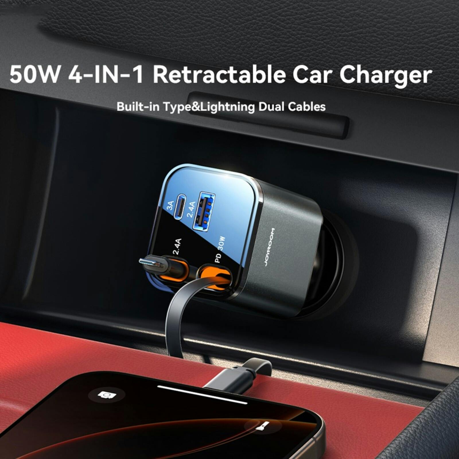 Joyroom 50W 4 in 1 Car Charger met Kabels Zwart