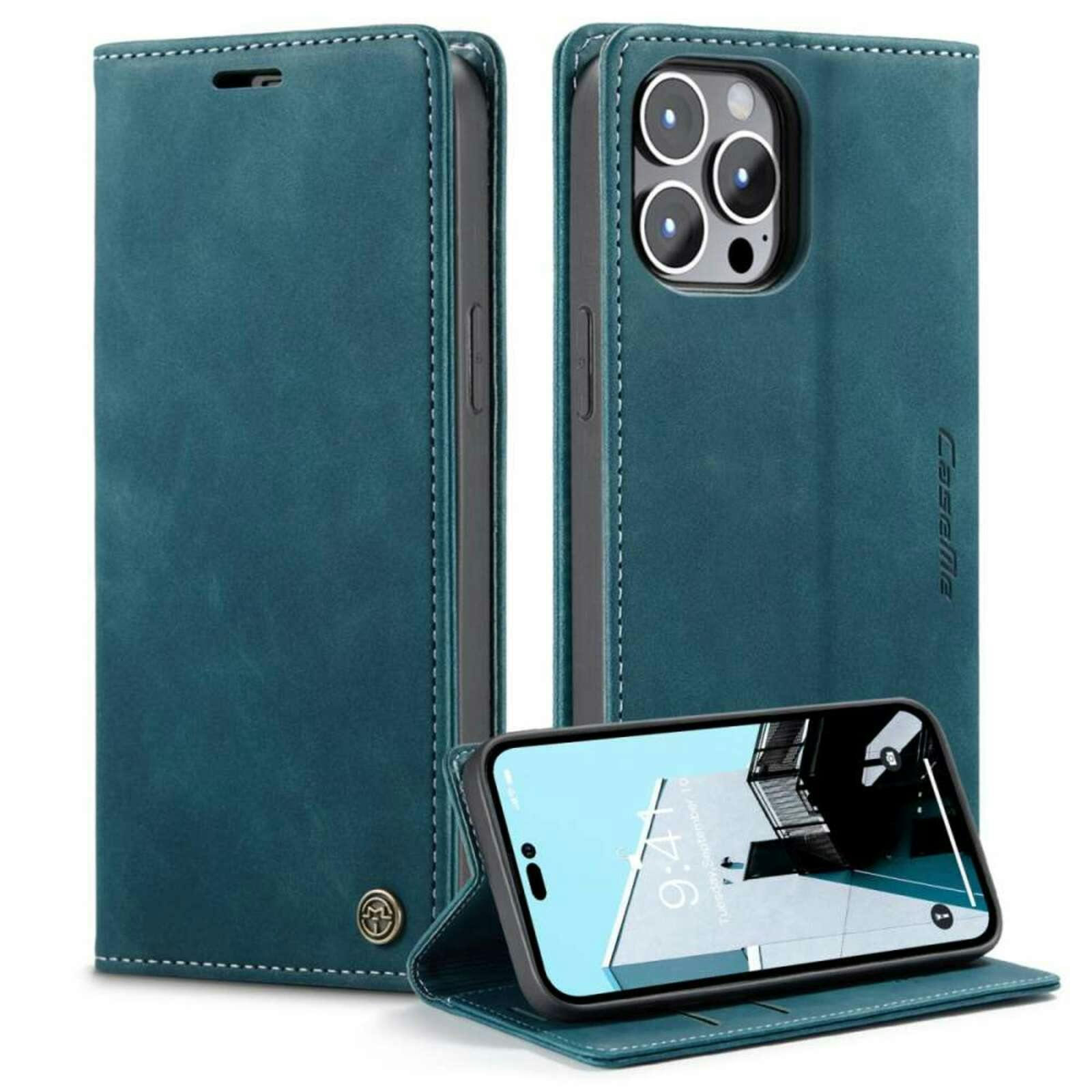 Caseme iPhone 14 Pro Retro Portemonnee Hoesje Blauw