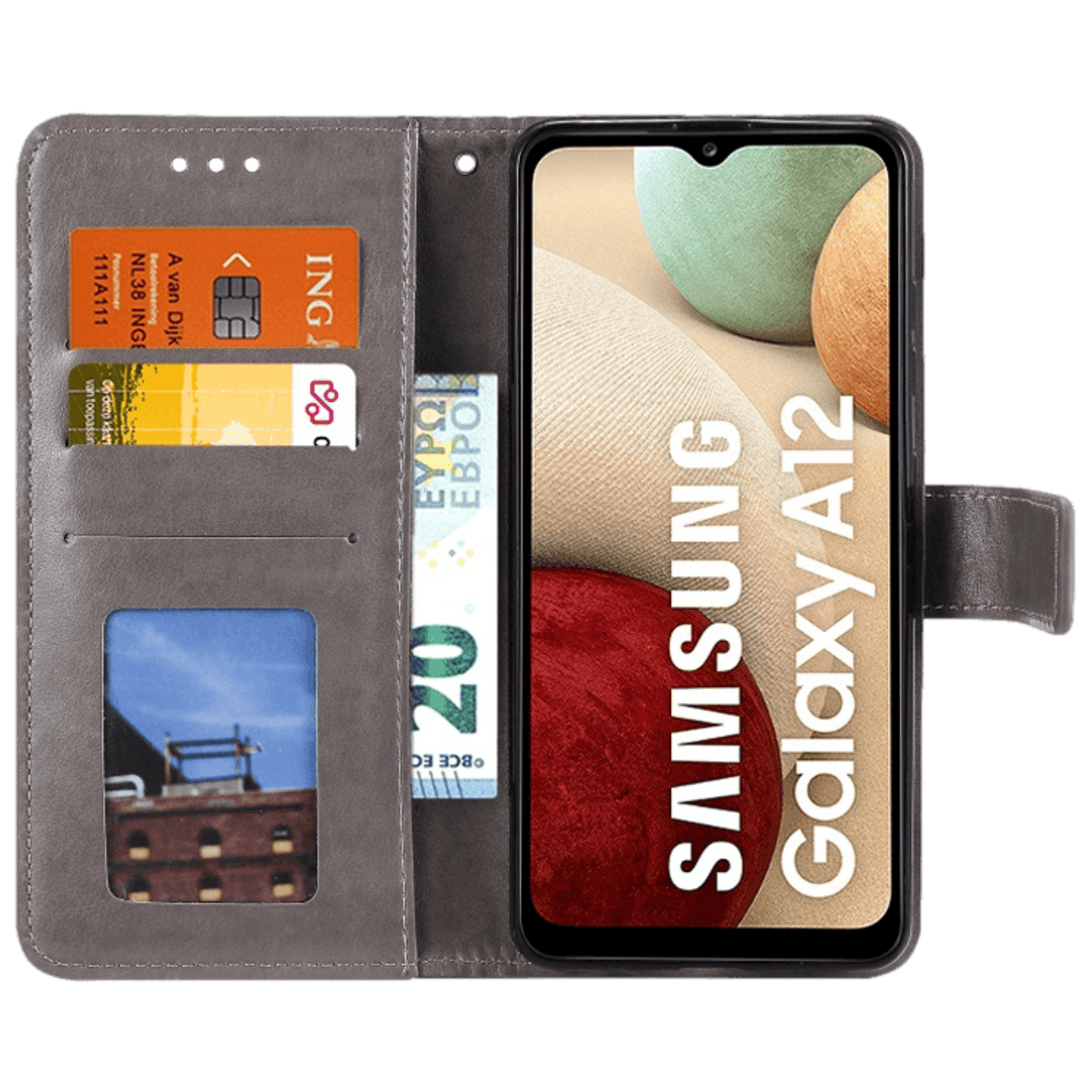 Comfycase Samsung Galaxy A12 Hoesje voor Pasjes Gravure Grijs