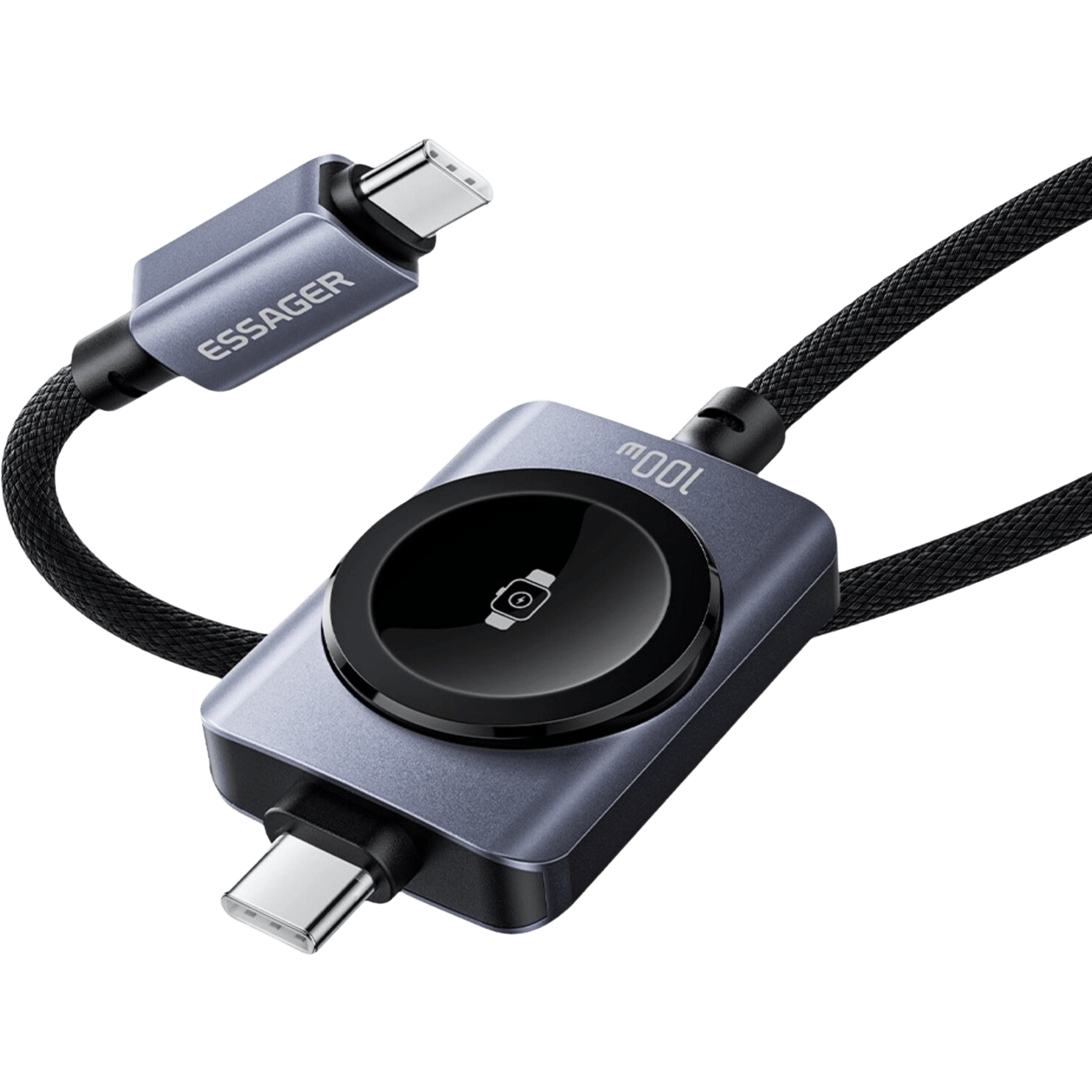 Essager 2-in-1 USB-C naar USB-C Kabel 100W Apple Watch Oplader Zwart