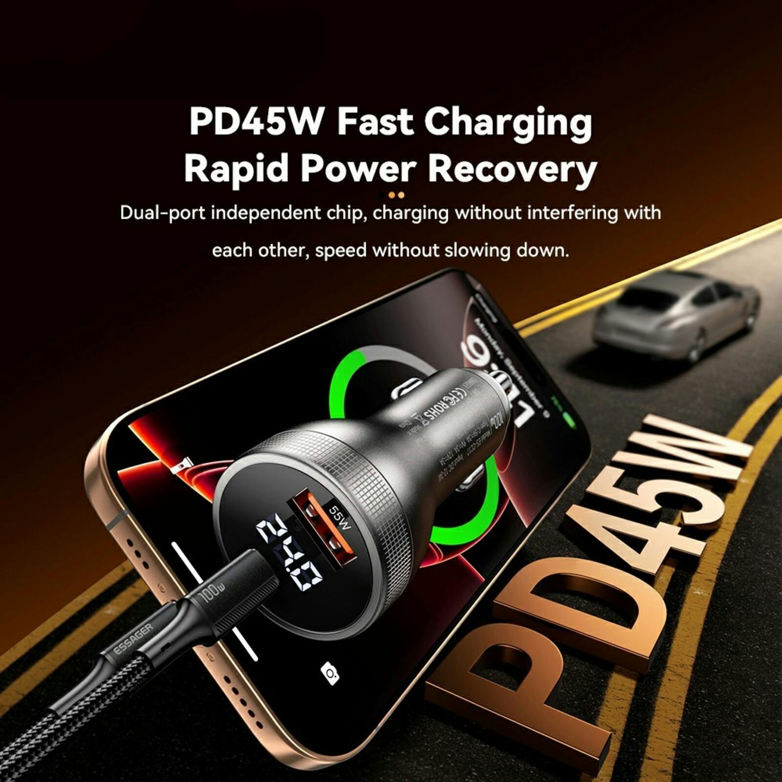 Essager 100W USB-A + USB-C Snellader met Display Zwart