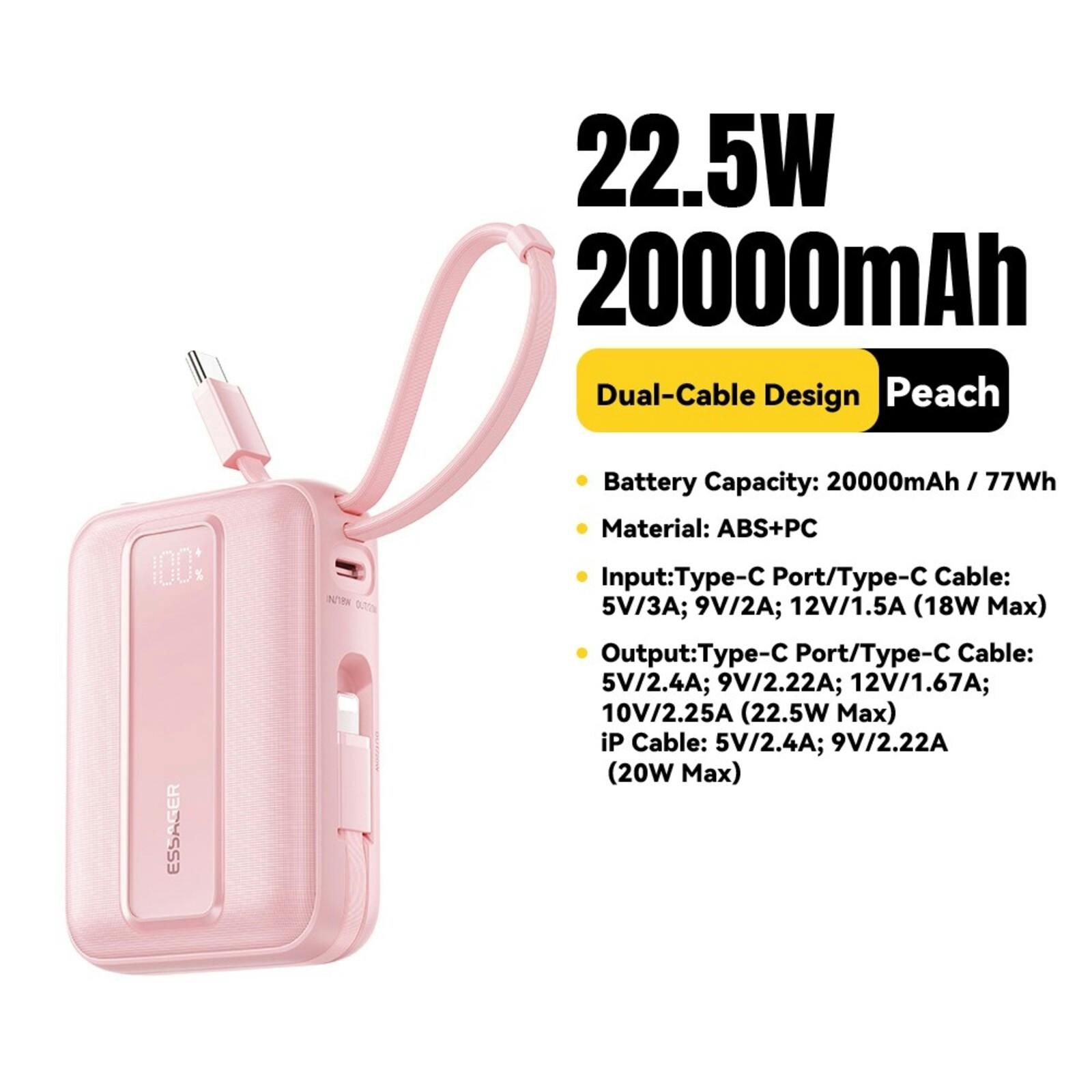 Essager Quick Charge Compact Powerbank met Kabels Roze 20.000 mAh