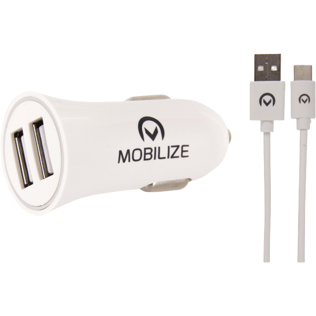 Mobilize Autolader Dual USB 2.4A + kabel usb-c Wit