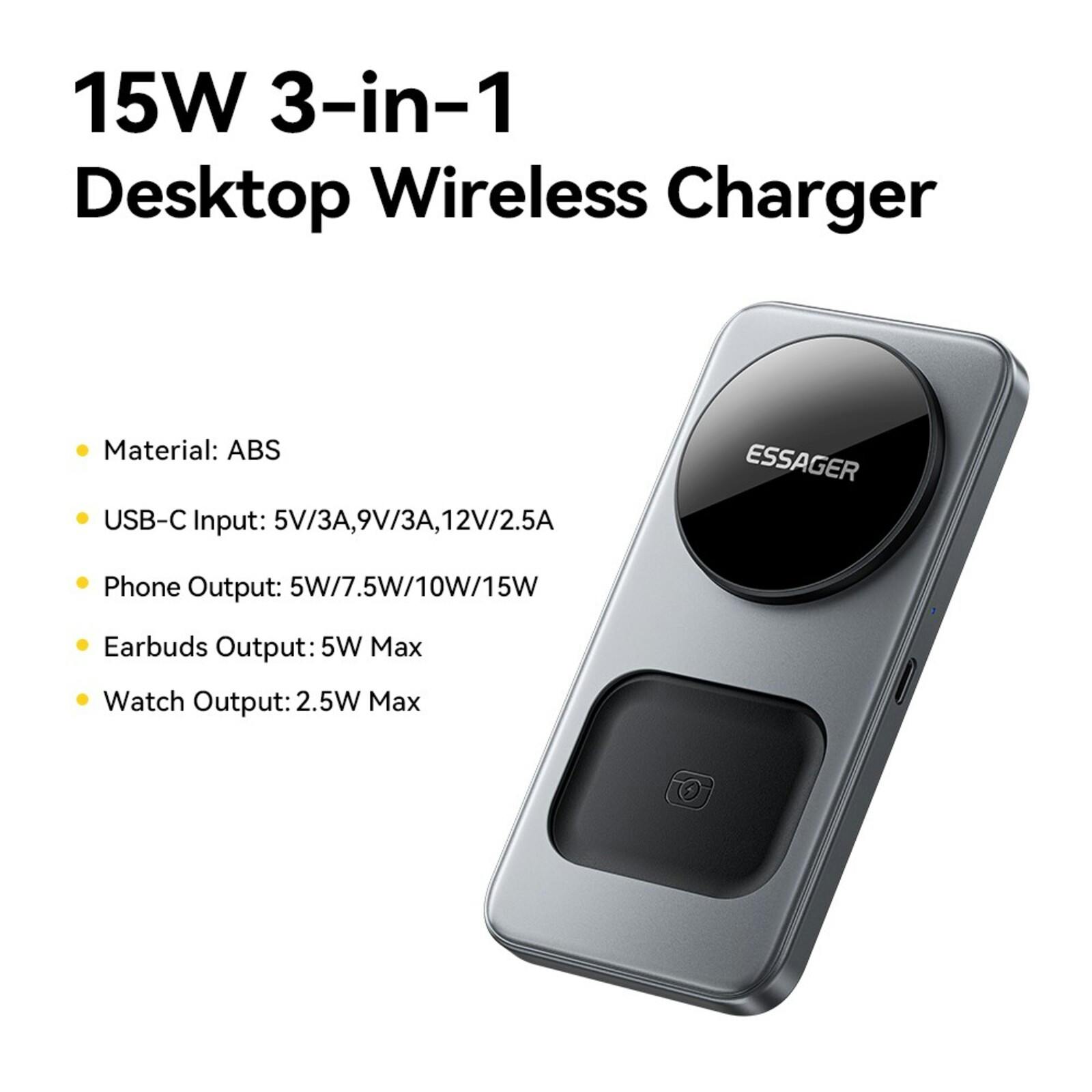 Essager 3-in-1 Magnetische Draadloze Oplader 15W Opvouwbaar Grijs