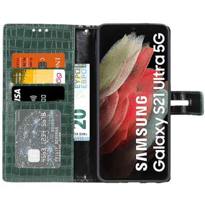 Mocaa Samsung Galaxy S21 Ultra Bookcase Hoesje Krokodillenleer Groen