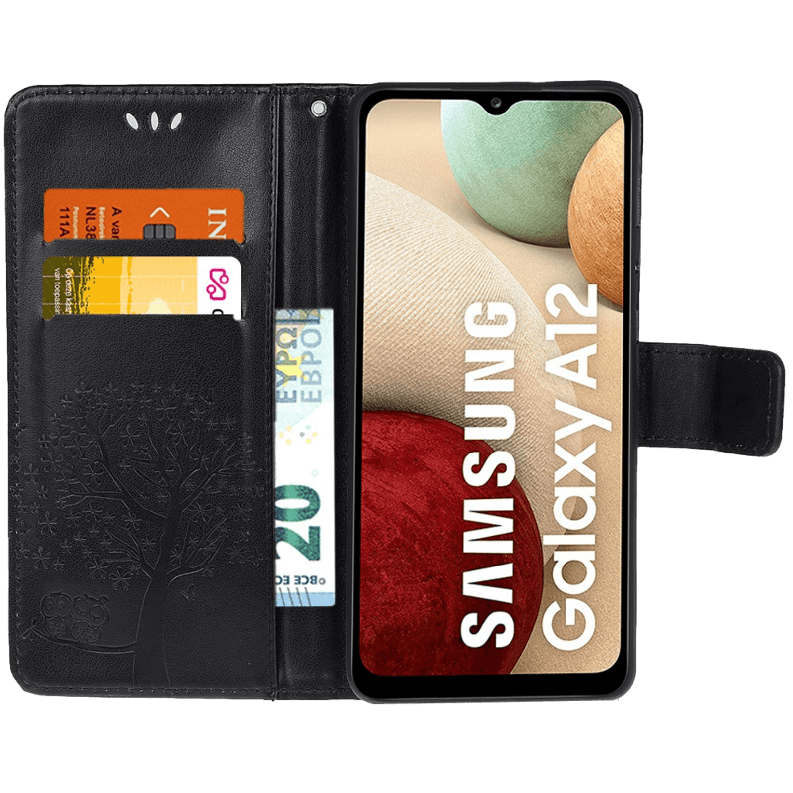 Comfycase Samsung Galaxy A12 Bookcase Hoesje Uiltjes Zwart