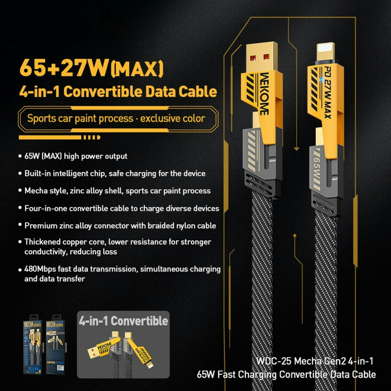 Wekome Mecha Series 65W 4-in-1 Super Fast Charging Data Cable Zwartgeel 1.2 Meter